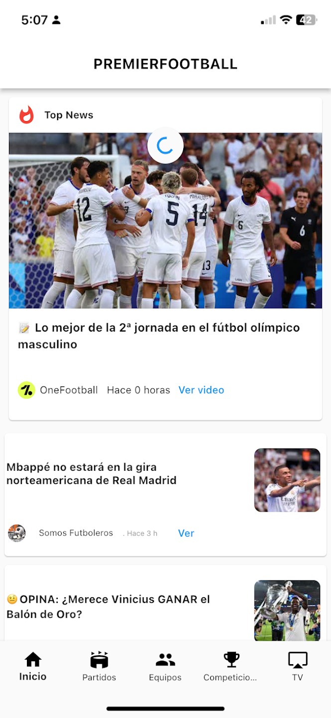 Pantalla de inicio con noticias